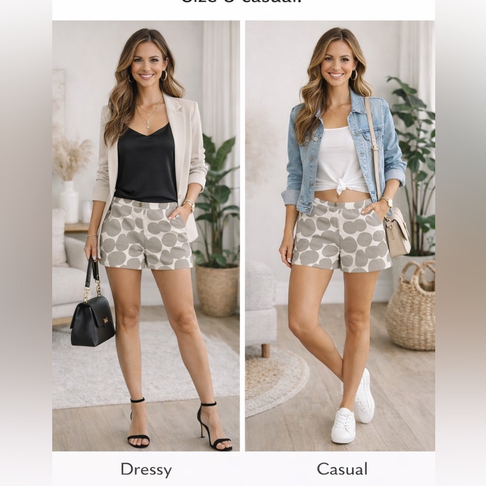 New York & Company Tailored Linen-Look Shorts – Cream/Gray Circle Print